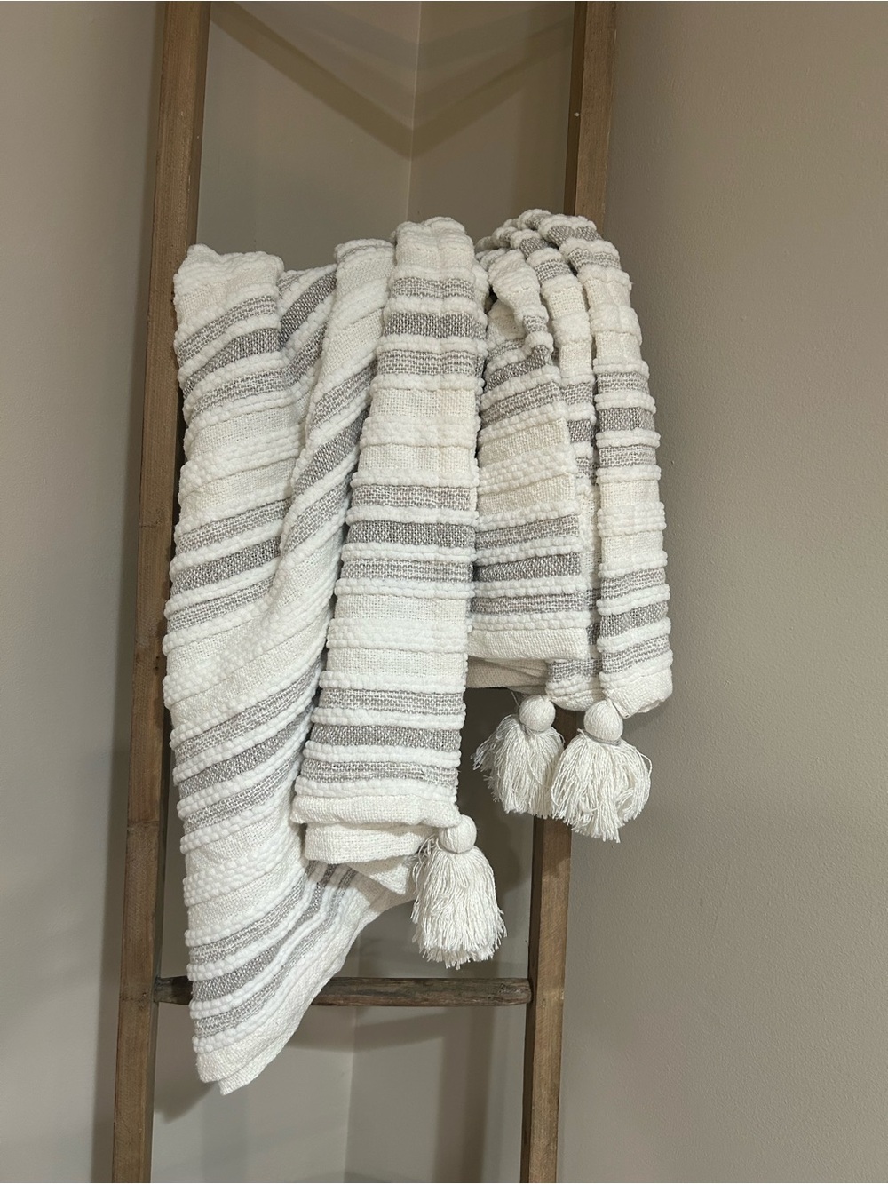 Neutral Stripe Tassel Throw Blanket - White & Gray